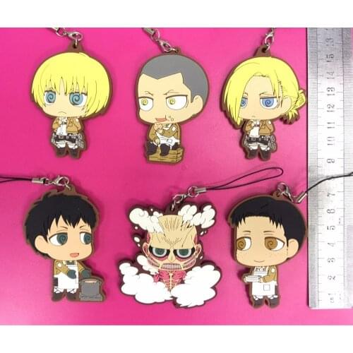 Random Send 6pcs/lot Attack on Titan Anime keychain Krista Lenz Rivaille Eren Armin Sasha Mantra Rubber strap/phone charms