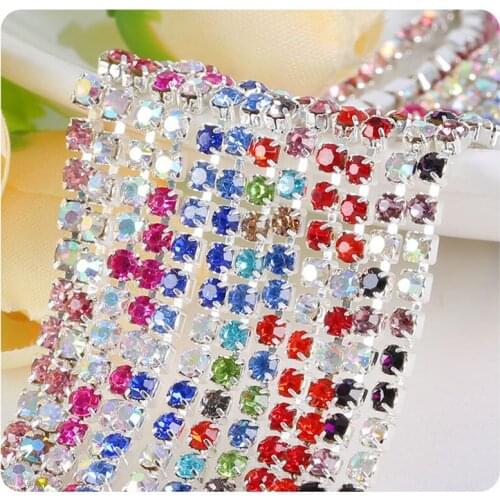 SS6 SS8 SS10 SS12 multicolour AB Rhinestone silver Cup Claw Chain dense Trim strass rhinestones chain A91
