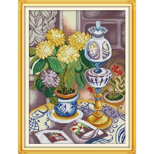Everlasting Love Chrysanthemum Vase Chinese Cross Stitch Kits Ecological Cotton Fabric 11CT DIY Christmas Decorations For Home