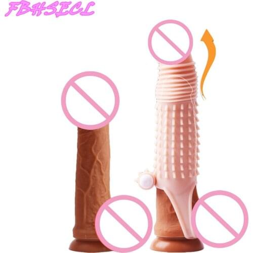 FBHSECL Vibrating Dick Sleeve Sex Toys For Men Penis Enlargement Condoms Reusable Delayed Ejaculation Dildo Extender