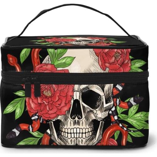Womens Travel Organization Beauty Cosmetic Make up Storage Lady Wash Bags Skulls With Snakes And Peonies Handbag Pouch