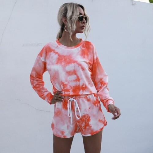 2021 Summer Womens Long-Sleeved Outer Wear Casual T-Shirt Home Shorts Tie-Dye Printing Fashion Suit