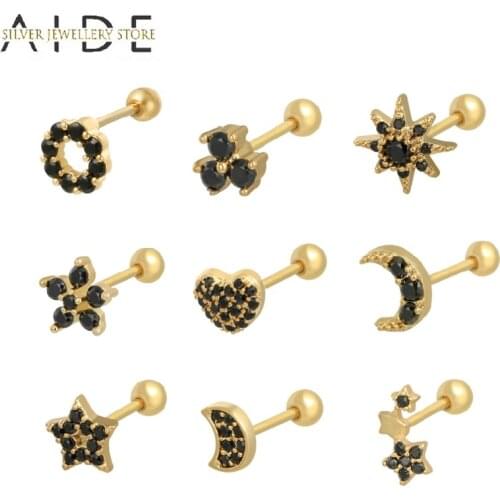AIDE 1 Pc Zircon Stud Earrings For Women Exquisite Geometric/Flower/Star/Moon/Heart Piercing Earings Silver 925 Jewelry kolczyki