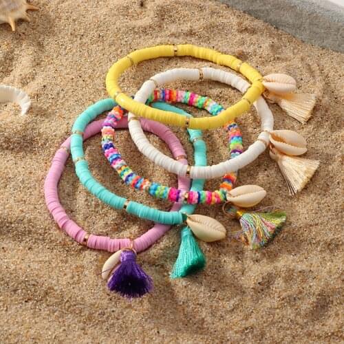 Boho Polymer Clay Elastic Disc Beads Bracelet for Women Fashion Shell Pendants Tassel Bracelet Wristband Surf Beach Jewelry