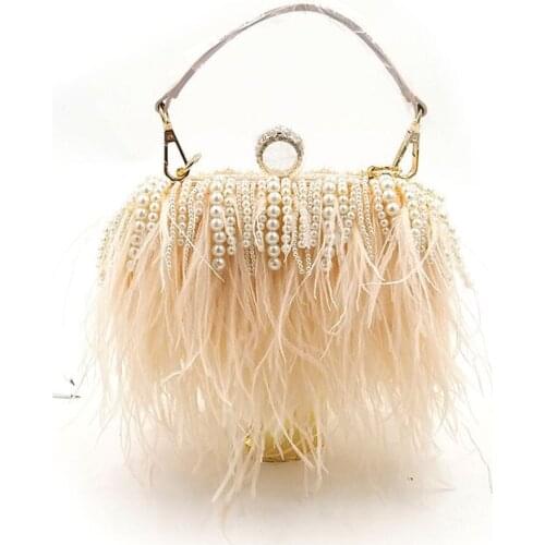 Luxury Handmade Ostrich Pearl Fur Feather Wallet Clutch Bag Women Clutch Diamond Knuckle Rings Dinner Evening Bag Chain Purse