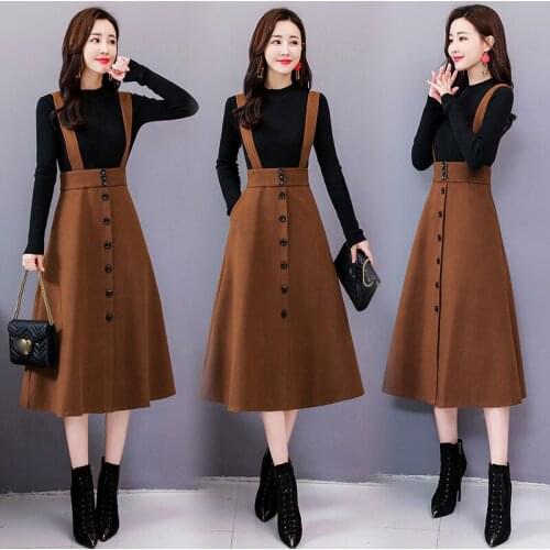 Dress Sets Women Plus Size 3XL Chic Fashion Elegant officeLady Woolen suspender dress+ Sweater topAutumn and winter new2021