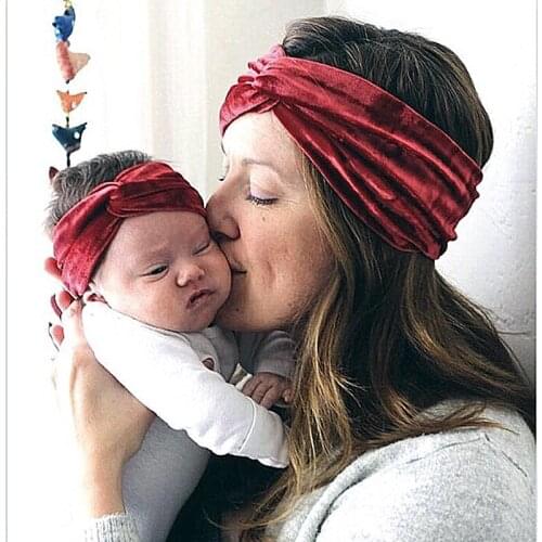 2PCS/Set of Mama and Baby Velvet Elastic Wide Cross Hairband Turban Knot Flower Headband baby hair accessories