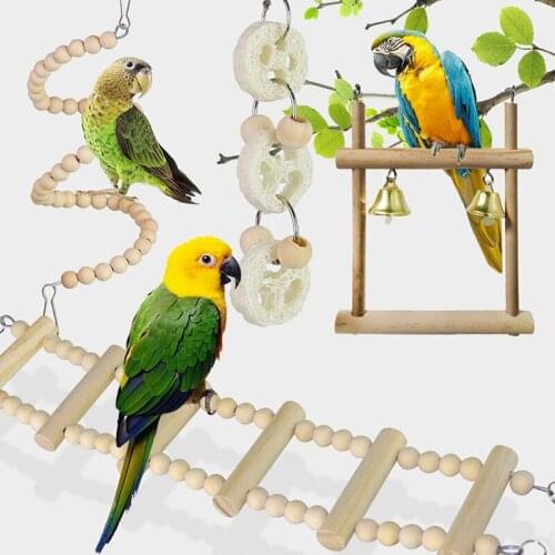 8Packs Bird Parrot Swing Hanging Toy Natural Wood Bell Bird Cage Toys For Parrots Parakeets Cockatiels Finches Budgie Parrots