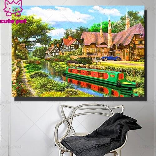 DIY round square diamond embroidery river boat house pattern cross stitch kits 5d diamond painting rhinestone puzzle painting