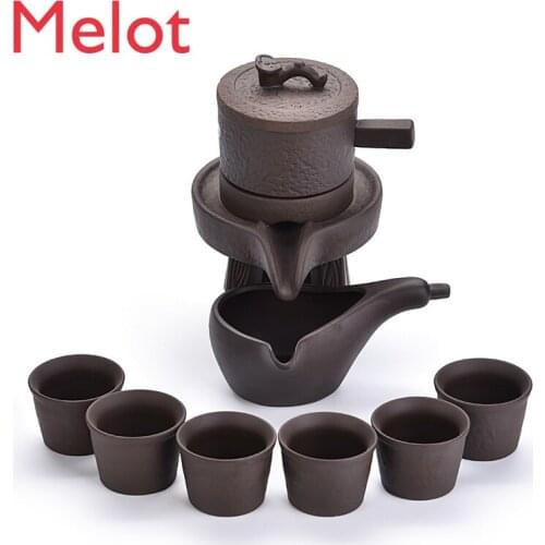 Kung Fu Tea Set Household Stonewashed Ceramic Teapot Small Teacup Semi-automatic Lazy Tea Maker Office Reception