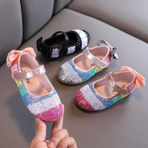 2021 Autumn Girls Shoes Bling Mary Janes Striped Glitter Girls Dance Shoes Kids Baby Flats Rainbow Child Shoes Back Bow Toddlers