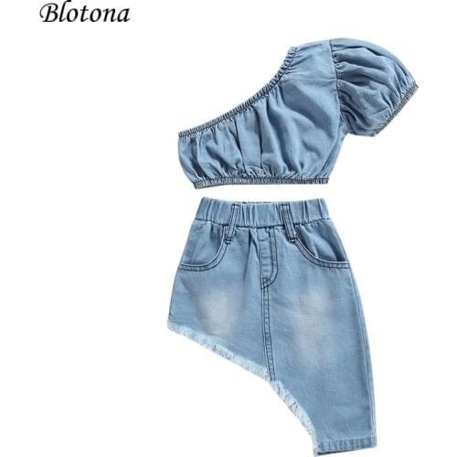 Blotona Little Girls Denim Clothes Set, Solid Color Short Sleeve Off-shoulder Cropped Tops + Irregular Hem Skirt, 1-5Years