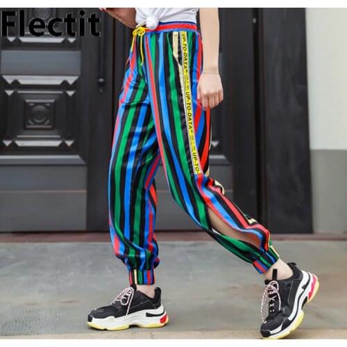 Flectit Bright Color Block Striped Jogger Pants Street Style Sweatpants Track Pants with Elastic Waist Side Split Pants Women