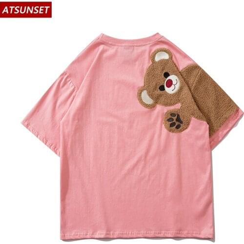ATSUNSET Hello Bear Pattern Embroidery T-Shirt Hip Hop Streetwear Harajuku Tees Spring Summer Cotton Pullover Top