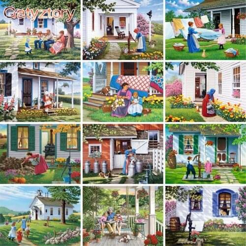 GATYZTORY Framed Figure Picture DIY Painting By Numbers Kit A Family in the Backyard Paint By Numbers Landscape Home Decor