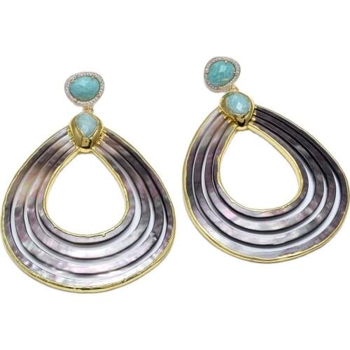 GuaiGuai Jewelry Huge Natural Black Sea Shell Gold Color Plated Amazonite Dangle CZ Stud Earrings Handmade For Women