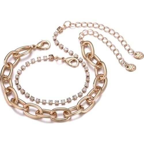 2pcs Curb Link with Tennis Chain Bracelets Set for Women Miami Boho Thick Gold Charm Bracelets Bangles Fashion Jewelry 2021