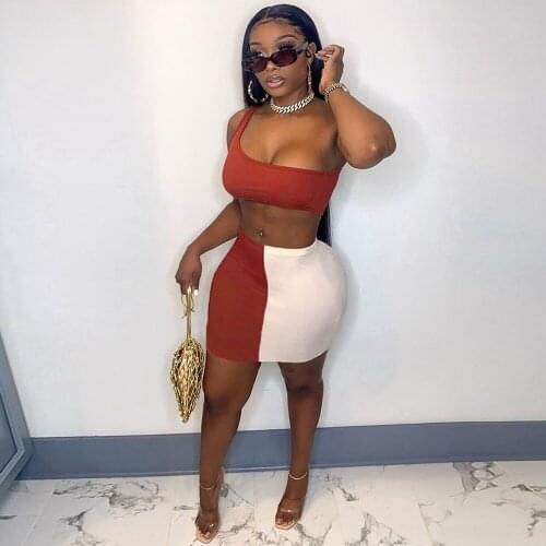 Contrast Color Patchwork Two Piece Skirt Set Womens Outfits Inclined Shoulder Crop Tops and Bandage Mini Skirt Party Clubwear