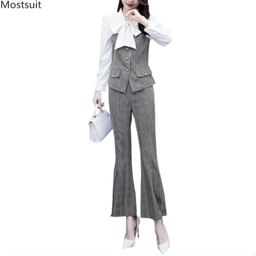 Korean Spring Elegant Gray Plaid Two Piece Set For Women Plus Size Long Sleeve Single Breasted Tunic Tops And Split Flare Pants