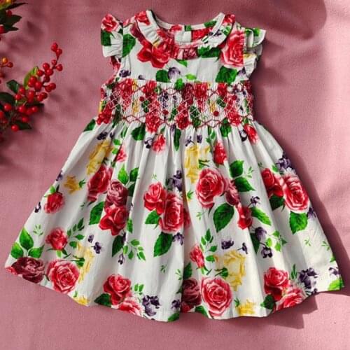 Baby girl summer vintage floral smocking princess dress kids casual handmade embroidered a-line dress