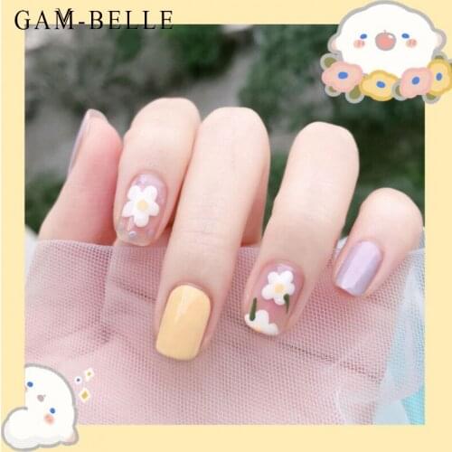 GAM-BELLE Small Fresh Spring Flower False Nails French Square Full Cover Artificial Short Fake Nails Glue DIY Manicure Tool