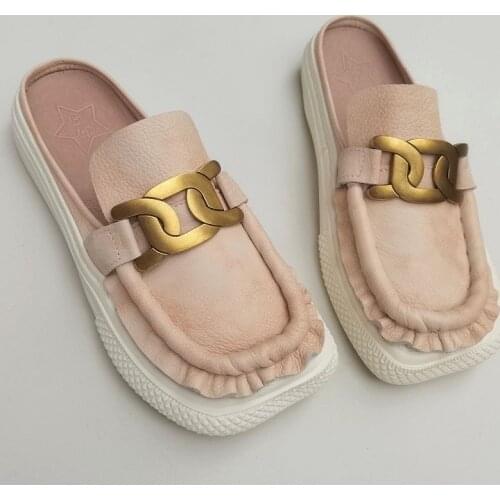 Womens Slip-on Shoes Mules Square toe Womens Flat Shoes 100% Genuine Leather Platform Sneakers Ladies Summer Shoes