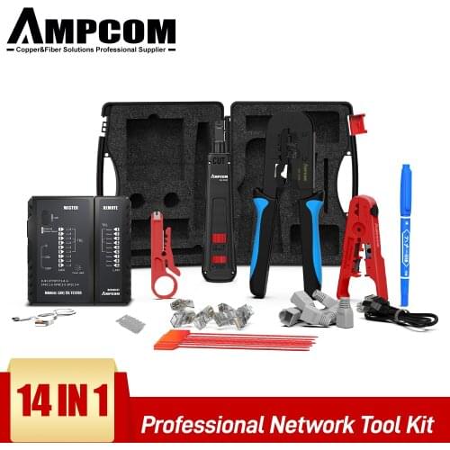 AMPCOM 14 in 1 Professional Network Tool Kit, Ethernet cable Tester Rj45 Rj11 Cat6 Connectors Cable Crimper, Stripper Pliers