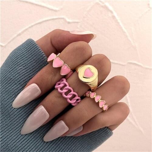 Pink Heart Ring Set Y2K for Girls Ring Wholesale Jewelry Candy Color Hand-painted Knuckle Rings Open Cooper Rings