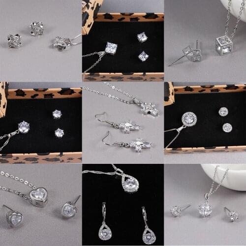 Bridal Jewelry Set Cubic Zircon Earrings And Chain Pendant Necklace Combination Set For Women Popular Jewelry Anniversary Gifts