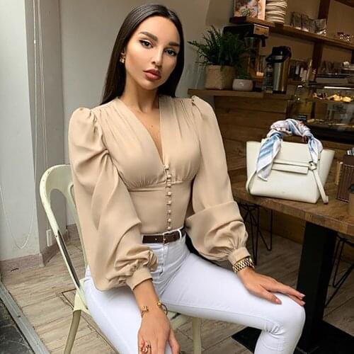 Spring Autumn Solid Color V Neck Button Long Sleeve Puff Sleeve Slim T Shirt Casual Office Lady Elegante Urban Women Fashion