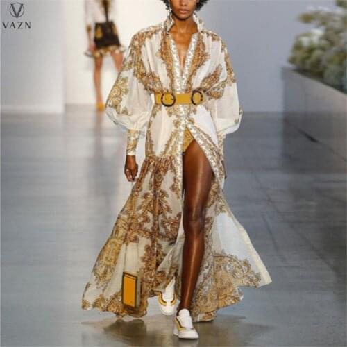 VAZN 2021 Fashion Women New High Street Style Long Dress Long Sleeve Lapel Single Breasted Printed Floor Length Lady Shirt Dress