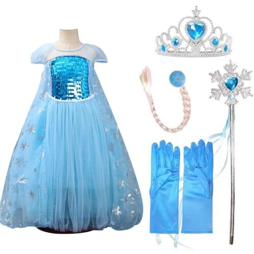 Clearance! Girls Princess Dress Kids Blue Sequined Elsa Dress with Trailing Halloween Party Costume Christmas Dress Vestidos