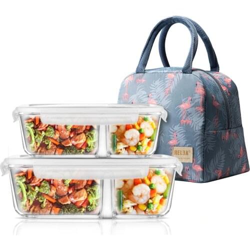 Microwavable Glass Lunch Box with Divider,Lid,Bag; Meal Prep Glass Food Storage Containers with 2 Compartments; Lunch Container