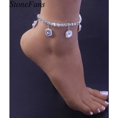Stonefans Hip Hop Jewelry Rhinestone Tennis Chain Anklet Bracelet for Women Iced Out Pendant Foot Jewelry Summer Beach Jewelry
