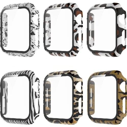 3D 9H Tempered Glass Zebra Leopard Pattern Screen Protector Protect Case For Apple Watch Series 6 5 4 3 2 1 Bumper Hard PC Cover