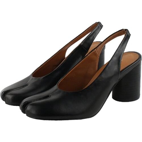 OLOMLB Womens Split Toe Genuine Leather Block High Heel Slingbacks Sandals Pumps Shoes Cut Out Black White New 2021