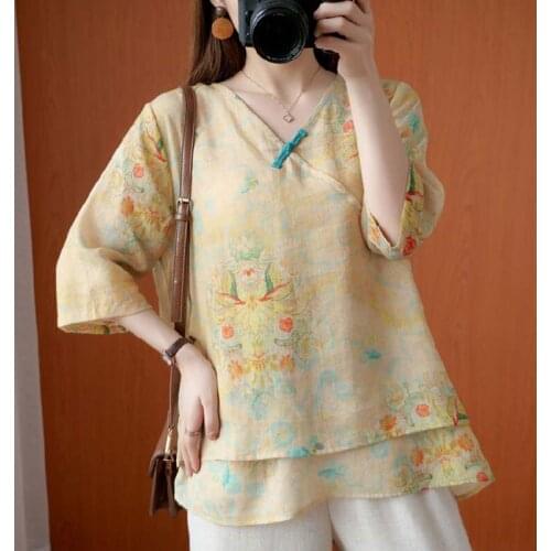 Oversized Women Cotton Linen Blouses Shirts New Arrival 2020 Chinese Style Vintage V-neck Print Female Loose Casual Tops S1658