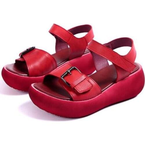 Hot 2020 Newest Summer Thick Bottom Genuine Leather Sandals Classic Retro Comfort Wedge Sandals Non-slip Women High Heel Sandals