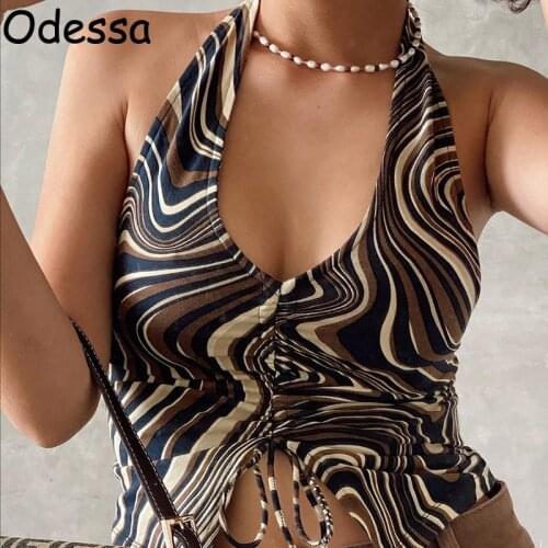 Odessa Women Brown Wave Print Halter Crop Top Sexy Summer Sleeveless Backless Ruched Drawstring Split Party Club Casual Tank Top