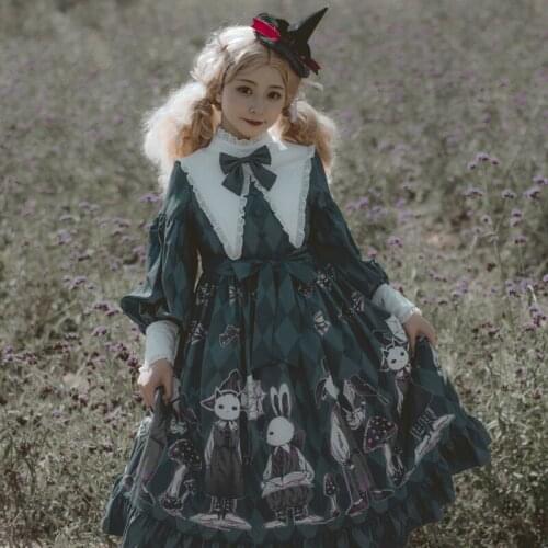 Poisonous Mushroom Sweet Womens Lolita OP Dress Long Sleeve Lantern Sleeve Dress Cute Bows Trim Dress One Piece Vintage
