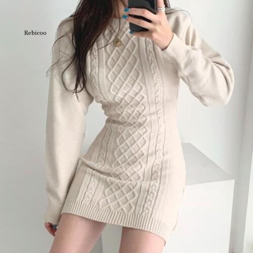 Fashion Hollow Out Waist Sweater Dress Women Autumn Winter High Elastic Twist Knitted Dress Casual Mini Dress 3 Colors