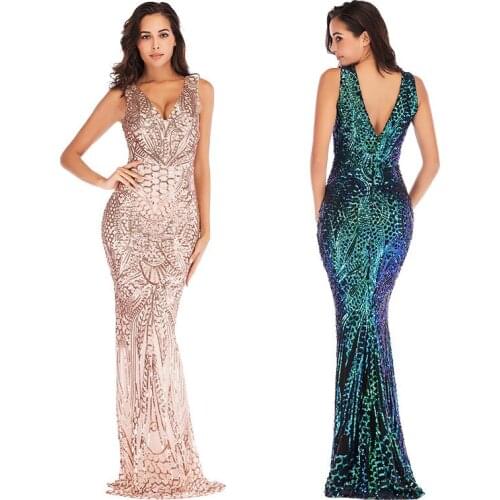2020 Ladies Fashion Spring Autumn Winter Feast Sexy Deep V Neck Sleeveless Magic Party Sequins Floor Halloween day Long Dress