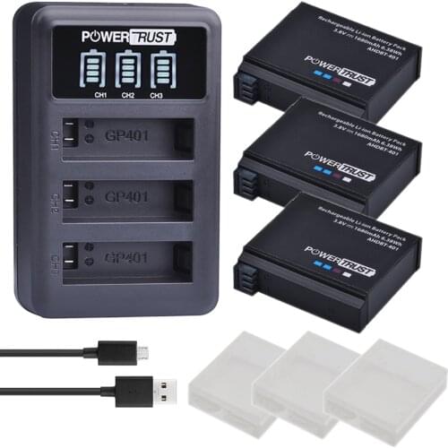 3X AHDBT-401 AHDBT401 Battery for Gopro Hero 4 AHDBT 401 Digital Batteries + LED 3-Port USB Charger For GoPro Hero4 HERO4 Camera