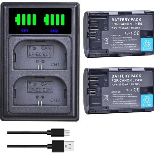 2Pcs 2650mAh LP E6 LPE6 LP-E6 E6N Batteries + LED Dual Charger For Canon EOS 5DS R 5D Mark II 5D Mark III 6D 7D 80D EOS 5DS R Ca
