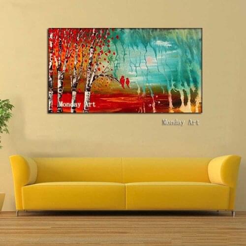 Large Hand Painted Palette Knife birch landscape Oil Paintings On Canvas Wall Art landscape Picture For Living Room Home Decor