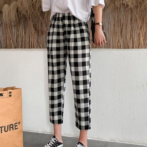 Fashion printed Cotton Linen Harem Pants For Women 2021 Summer Casual Calf-Length Loose Trousers Female Plaid vintage streetwear