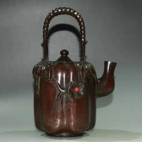 Antique QingDynasty Handmade purple copper with gems teapot ,Melon type,Hand-carved crafts,best collection& adornment