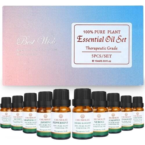 Chumolee 10ML 5pcs Essential Oils Set Diffuser Aroma Oil Frankincense Lavender Sandalwood Jasmine Peppermint Essential Oils