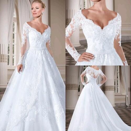 Elegant Long Sleeve V-Neck Wedding Dresses Custom Made Lace Gown with Tulle Back Zipper Vestido De Noiva