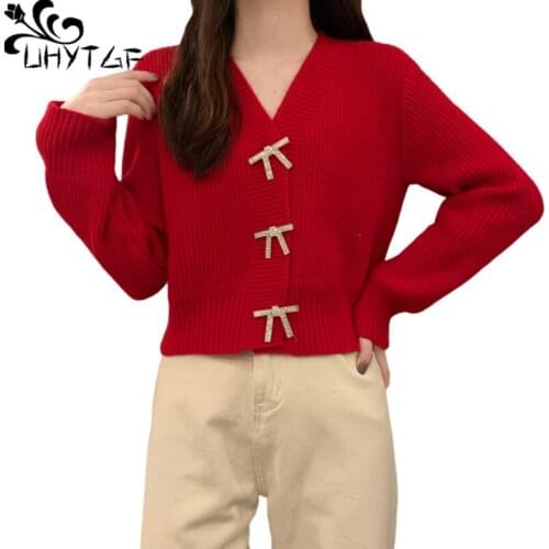 UHYTGF Cardigan For Women Knitted Spring Sweater Coat Red White Black V Neck Female Short Jacket Long Sleeves Lady Clothes 1297